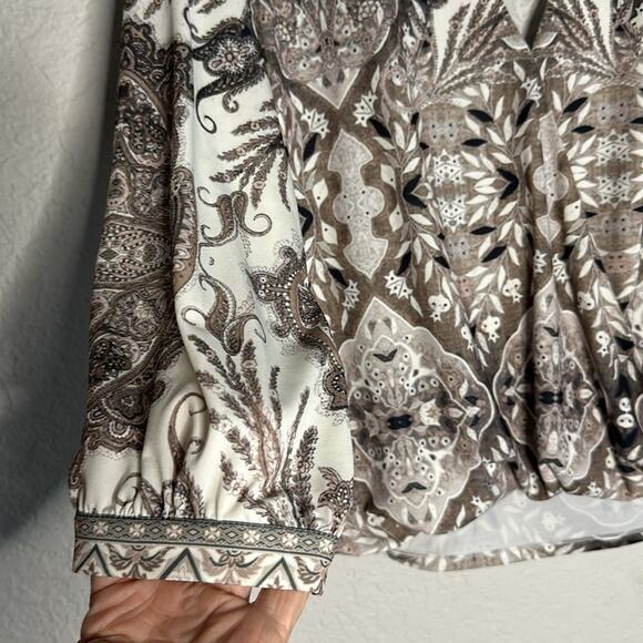 Hale Bob Jersey Wrap Top Brown Paisley Stretchy Ruffle Y2K Neutral Vacation Fall - Picture 4 of 8